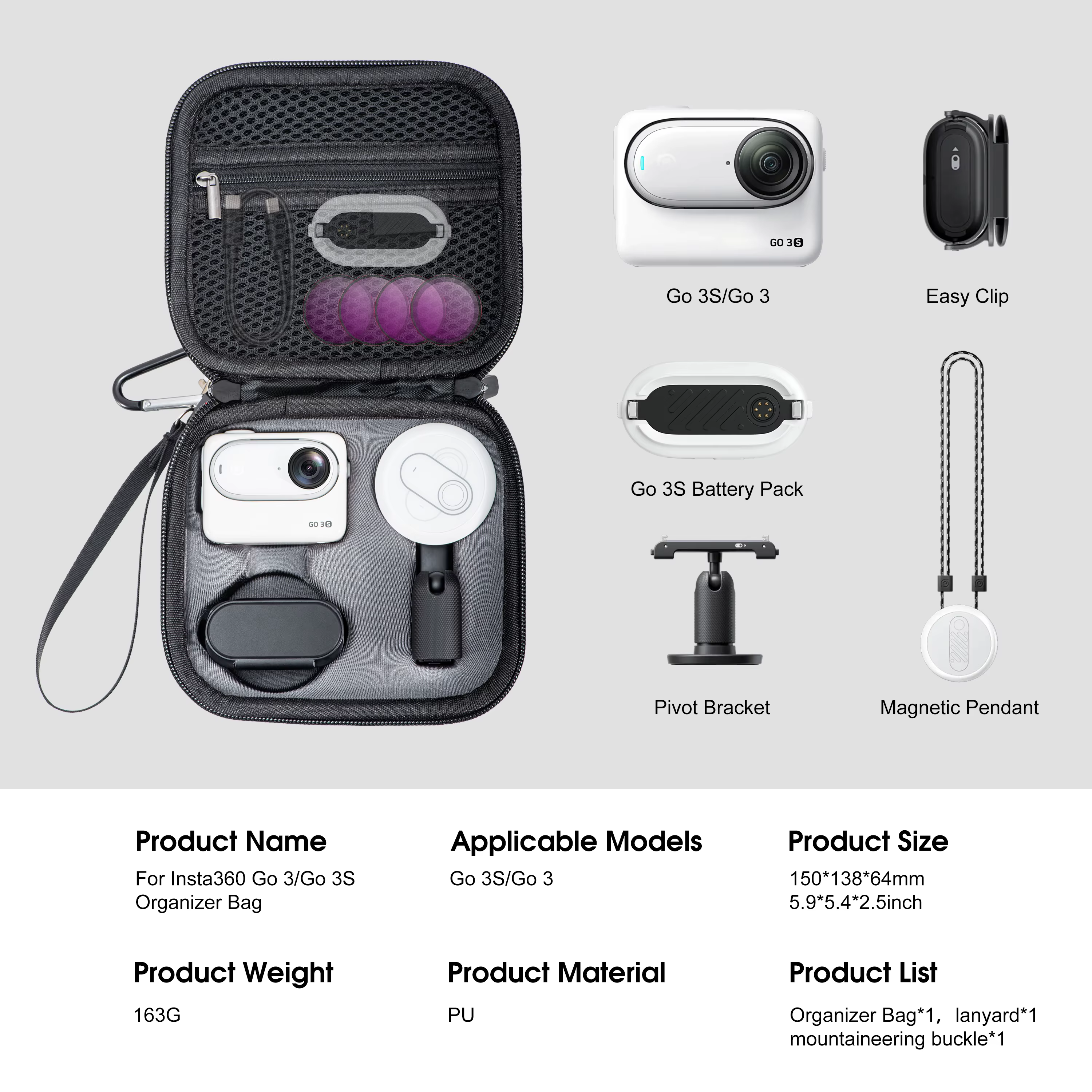Étui de transport pour Insta360 GO 3S, sac de rangement pour caméra d'action, étui de protection compatible avec les accessoires de caméra d'action Insta360 GO 3S/3