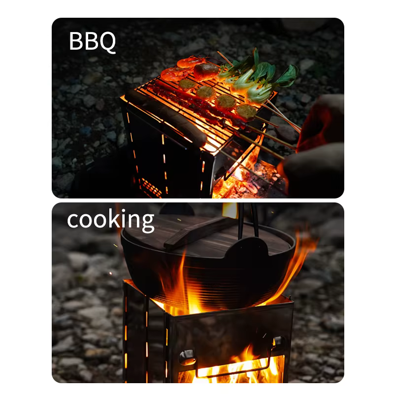 Gril de barbecue carré pliable portable en acier inoxydable – Parfait pour les cuisinières à bois de chauffage et le camping en plein air!