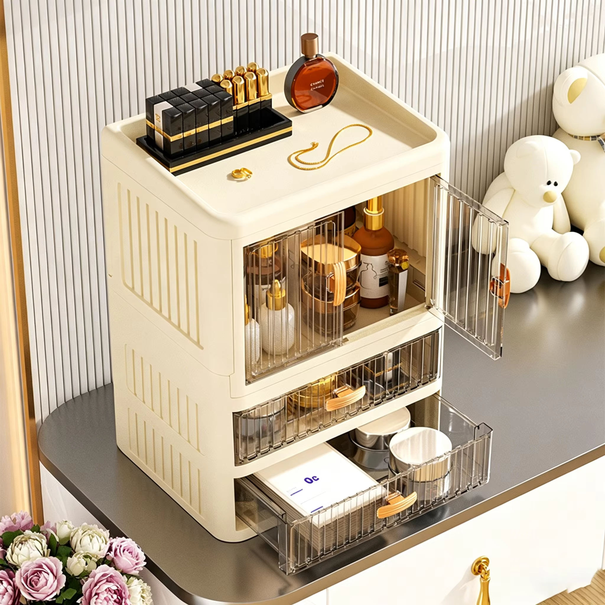 1 boîte de rangement cosmétique de grande capacité, organisateur de bureau de style tiroir, organisateur de bureau pour produits de soin de la peau et rouges à lèvres, en plastique durable, adapté pou