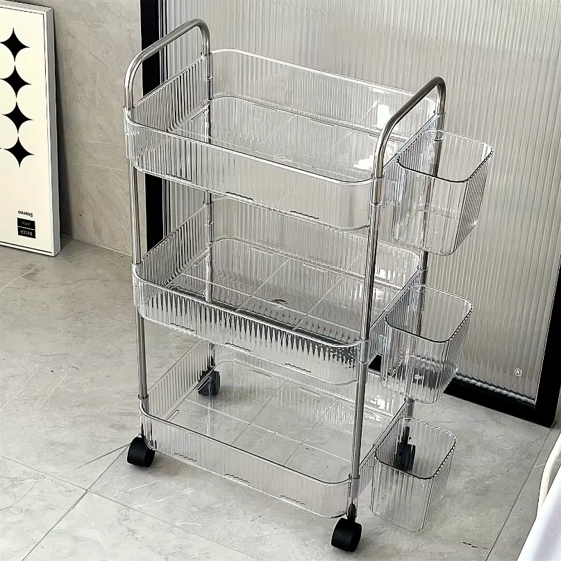 Chariot de rangement transparent à 3 niveaux avec roulettes