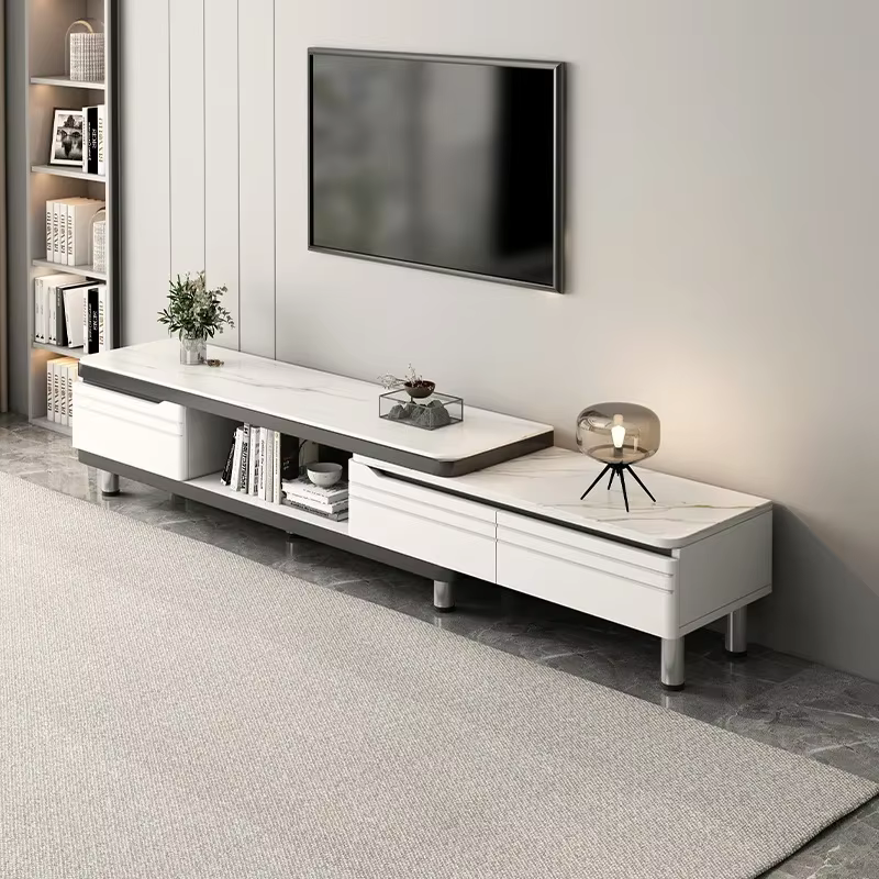 Meuble TV LED moderne pour téléviseurs, table basse, étagères en verre et tiroir, centre de divertissement de jeu avec plusieurs armoires