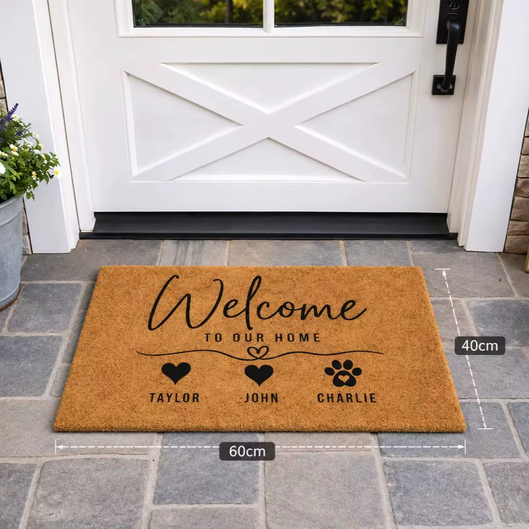 Tapis de porte personnalisé avec nom, aspect fibre de coco, tapis de bienvenue pour la famille et les animaux, antidérapant, pour l'entrée de la maison, décoration extérieure