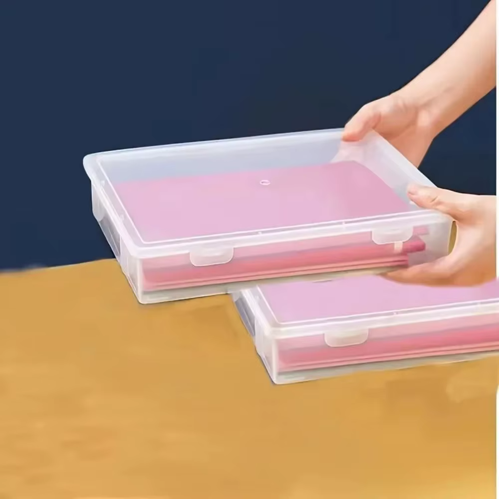 Boîte de rangement en plastique transparent format A4 avec couvercle rabattable - Organisateur de bureau anti-poussière