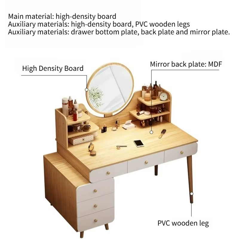 Coiffeuse de chambre à coucher blanche en bois avec miroir, éclairage et tiroirs de rangement, meuble de maquillage
