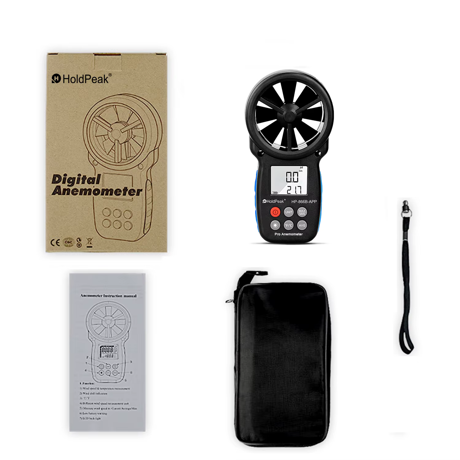 Anémomètre numérique 0.3 ~ 30 m/s avec application Mobile, mesure de la vitesse du vent, outils de test de température, HoldPeak HP-866B-APP