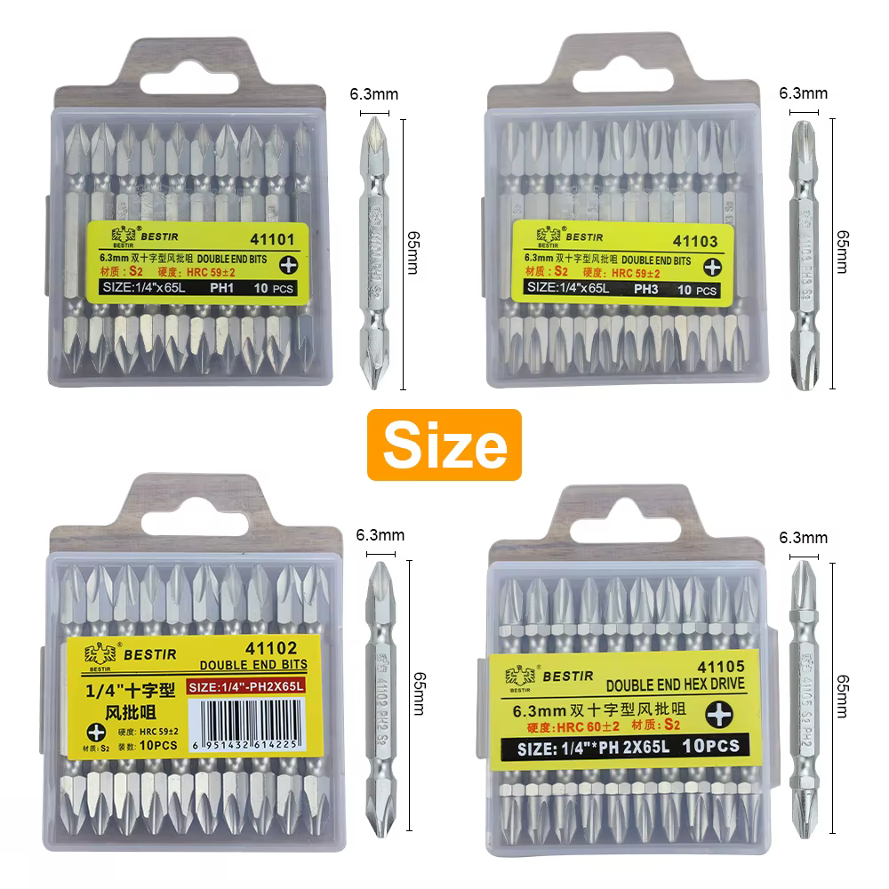 BESTIR 10 pièces jeu d'embouts de tournevis 65-200mm 1/4 "tige S2 alliage Double extrémité PH1 PH2 PH3 forte tête